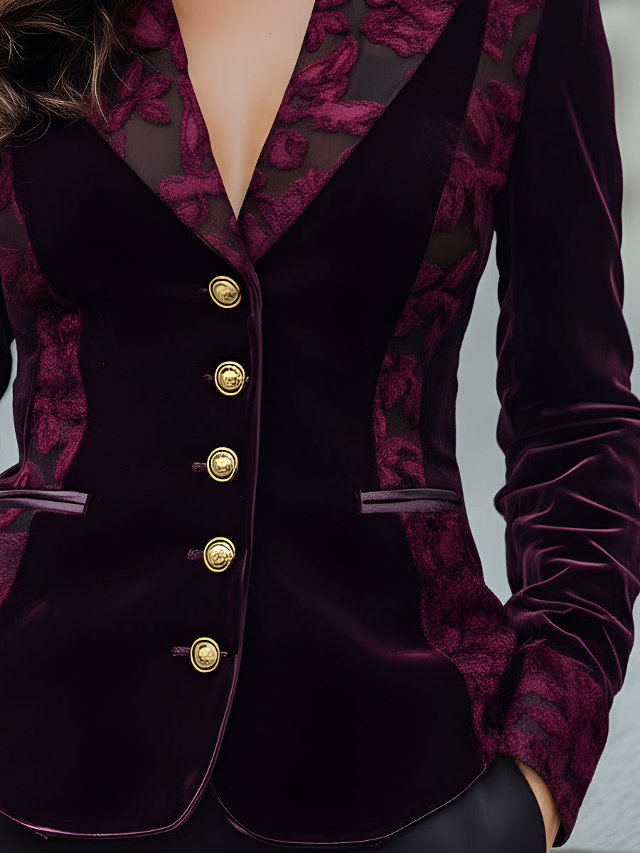 Floral Velvet with Sheer Jacquard Panels - Blazer