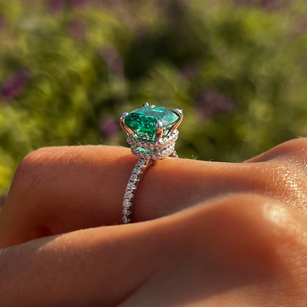 Retro Green Cushion Cut Hidden Halo Sterling Silver Engagement Ring Shine of Diamond