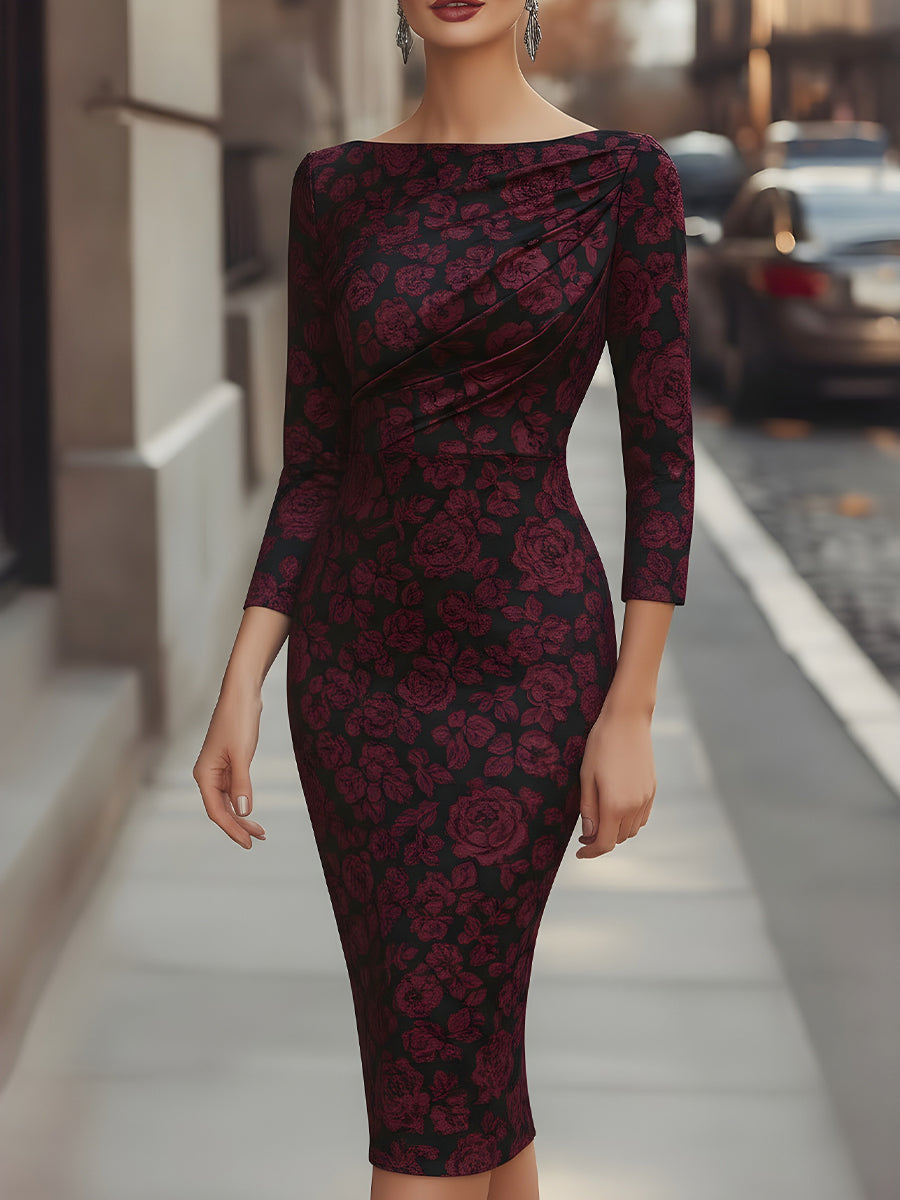 Midnight Rose Jacquard Floral Evening - Midi Dress