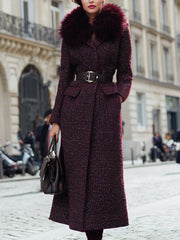 Burgundy Tweed With Faux Fur Collar And Belted Waist - Coat