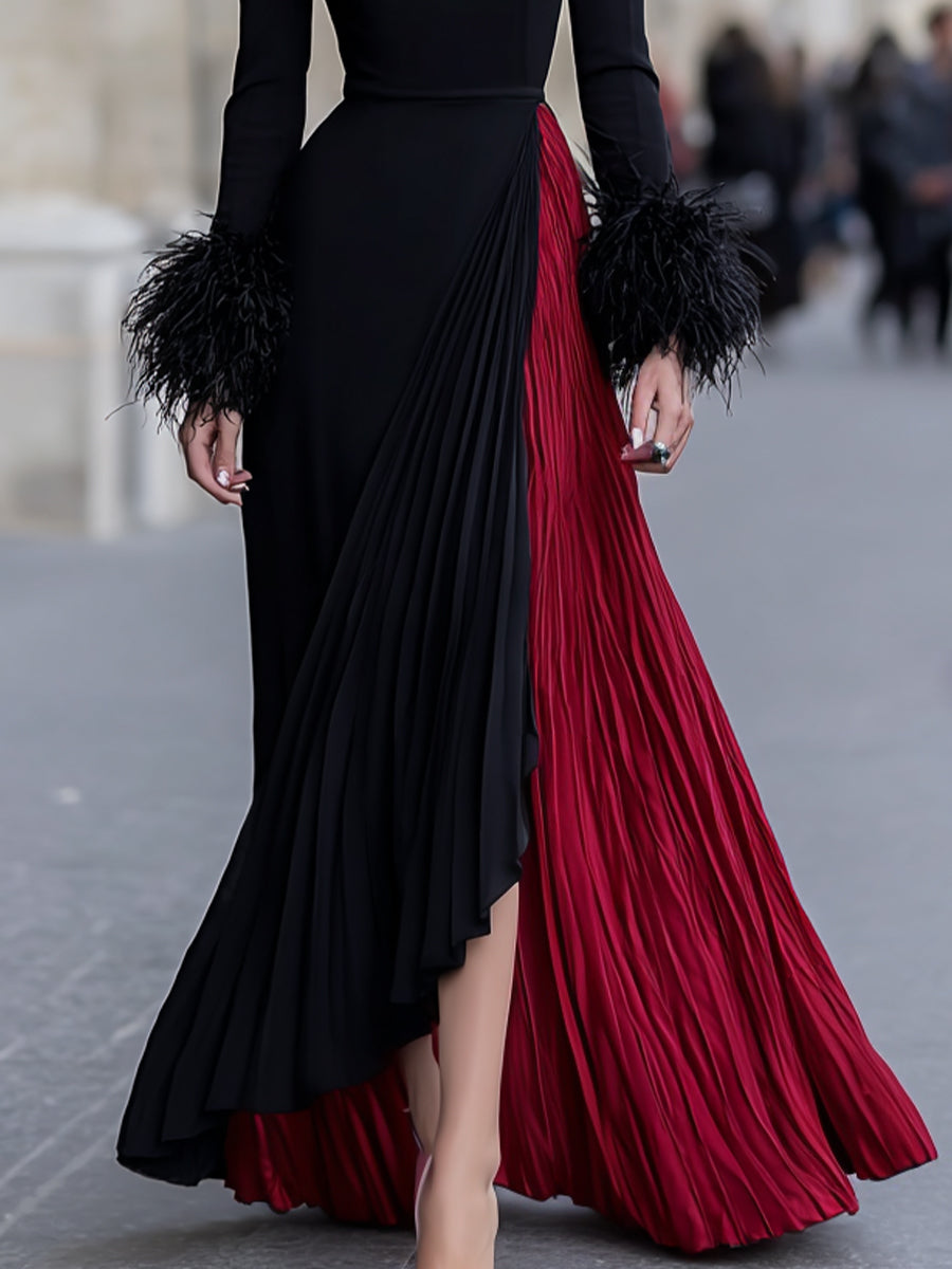 Black and Red Pleated Feather-Cuff Gown - Maxi Dress