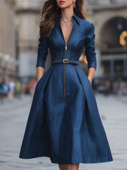 Elegant Belted Zippered Denim - Midi Dress