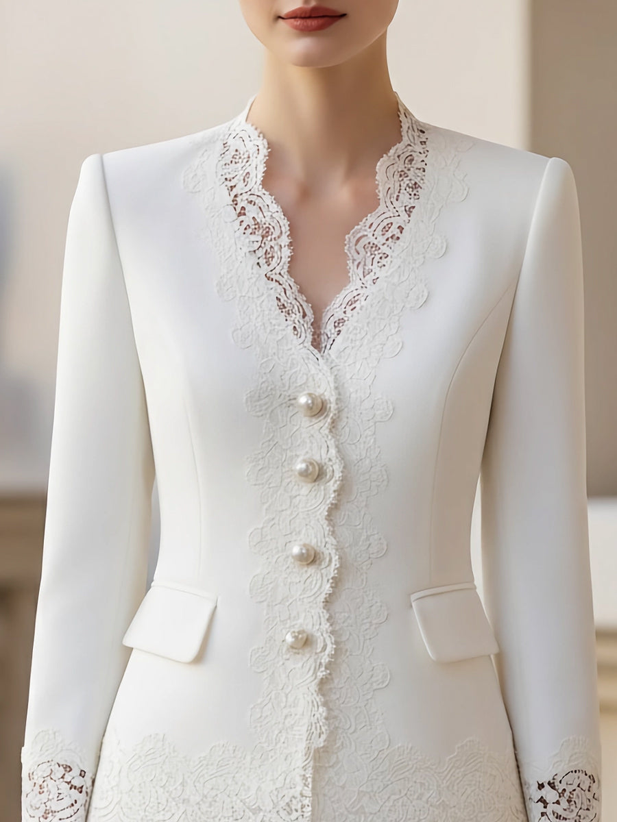 Pearl-Button Lace-Trim Women's Tailored Jacket - Blazer