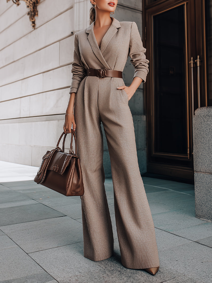Taupe Tailored Blazer-Style Belted Wide-Leg - Jumpsuit