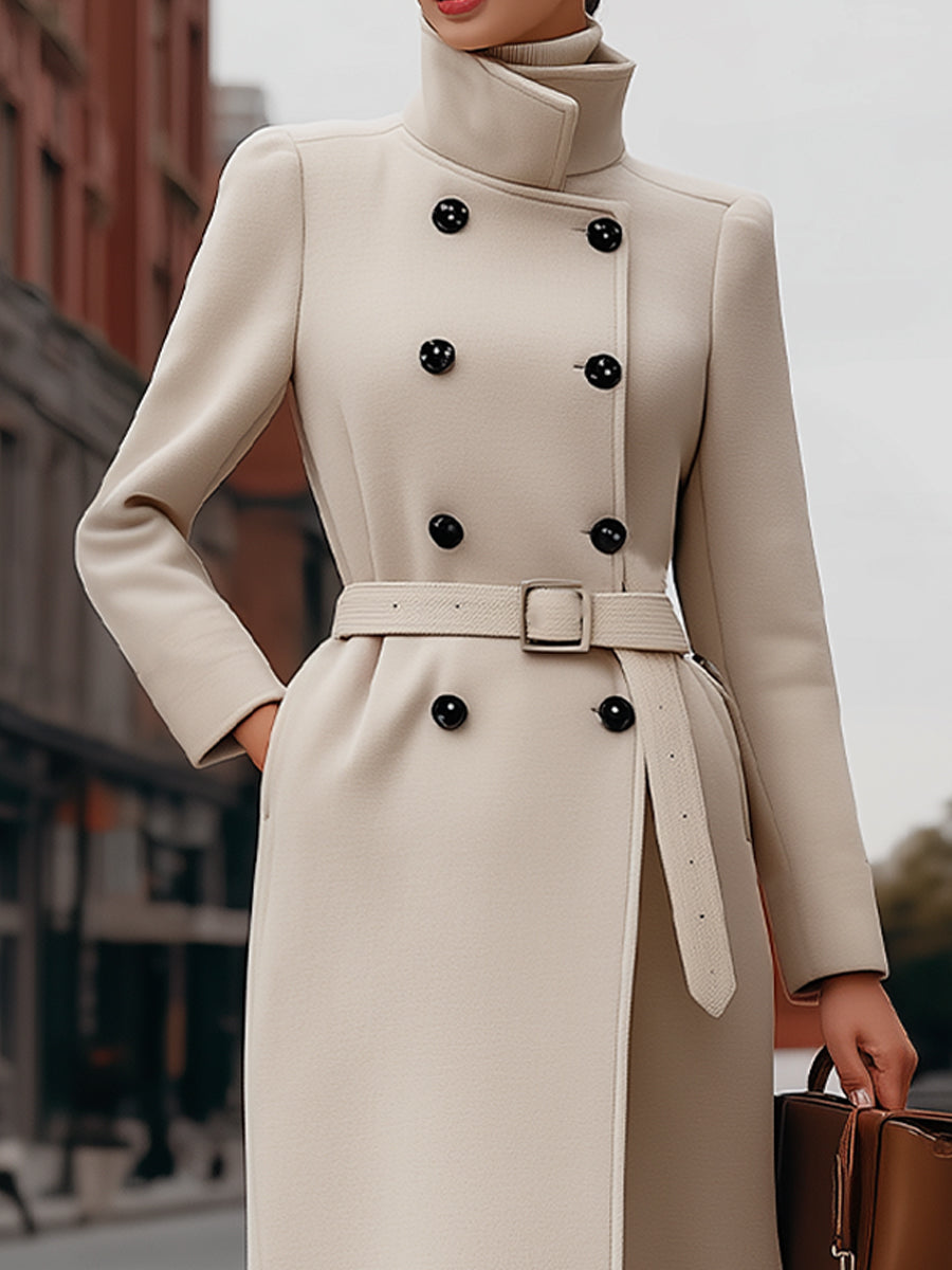 Elegant Beige Double-Breasted Belted - Coat