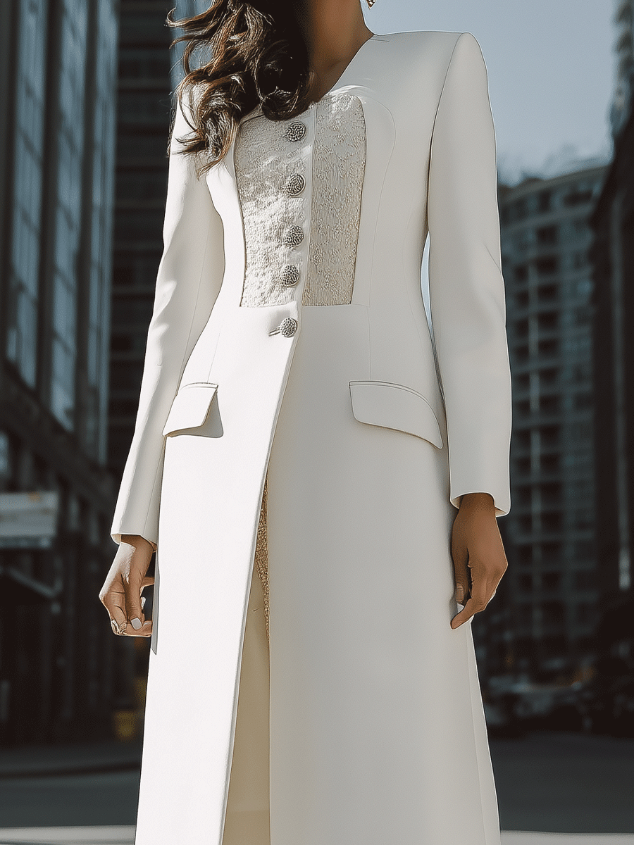 Ivory Longline Coat with Textured Contrast Panel & Silver Buttons - Coat