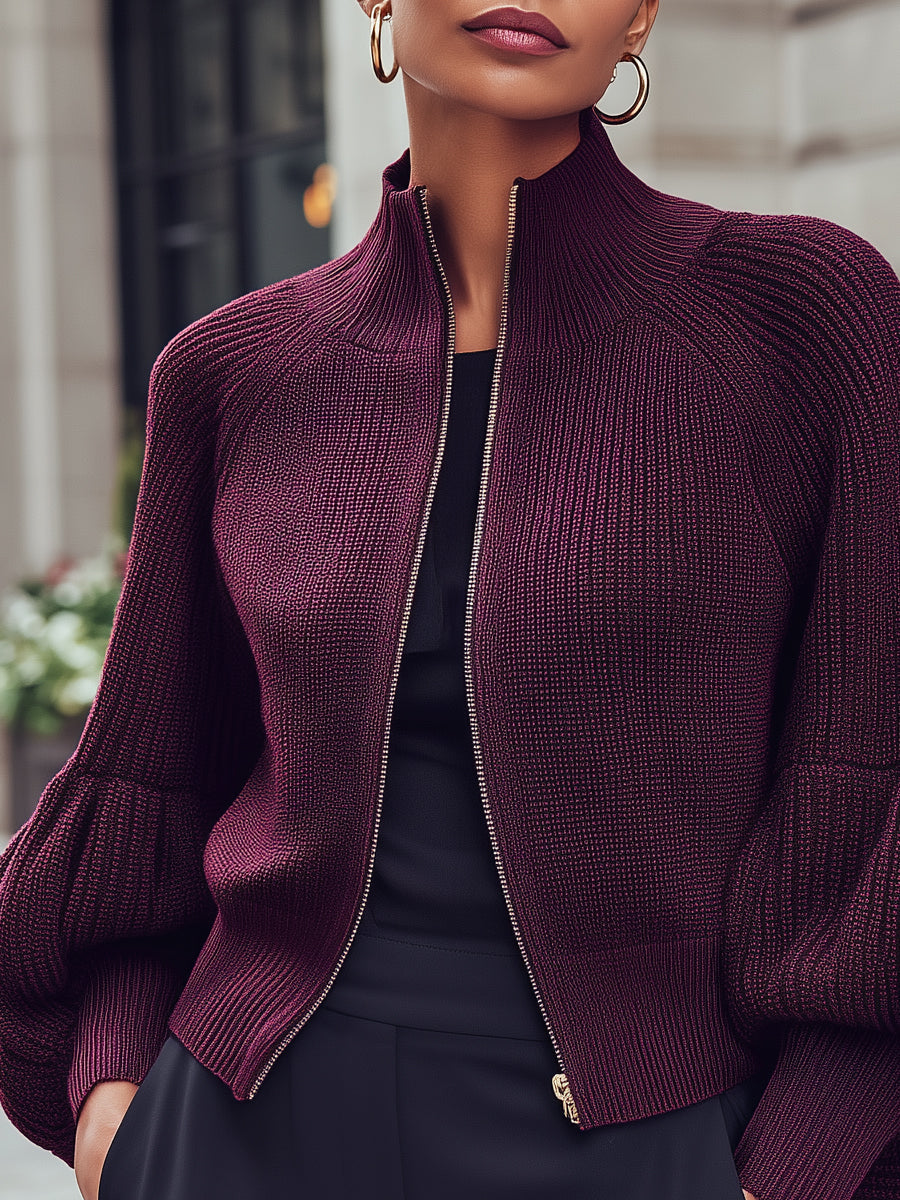 Women's Knitted Zipper Balloon Sleeves - Jacket