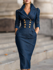 Structured Double-Breasted Tailored Denim - Midi Dress