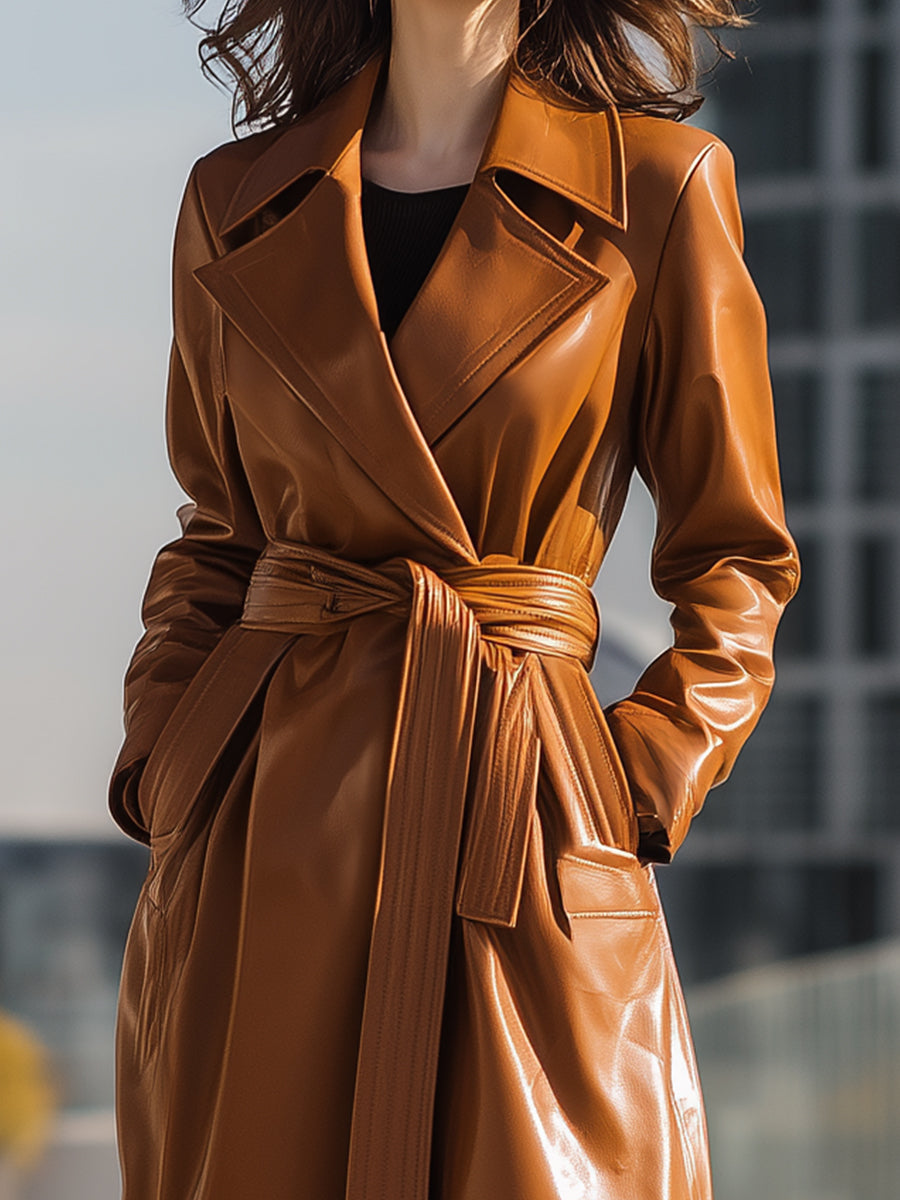 Cognac Faux Leather Belted Longline - Trench Coat