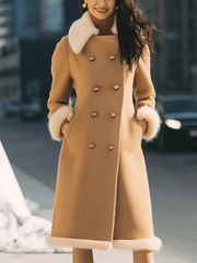 Camel Double-Breasted with Contrast Fur Trim - Coat