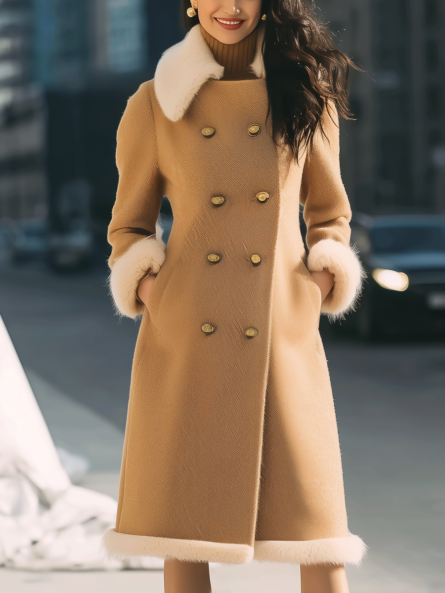 Camel Double-Breasted with Contrast Fur Trim - Coat