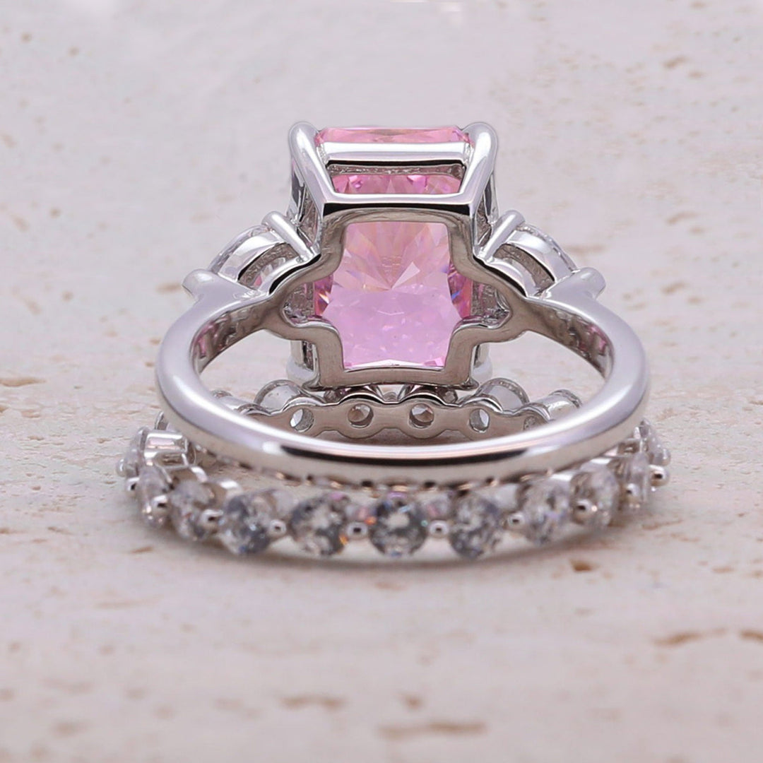 4.0CT Three Stone Pink Sterling Silver Engagement Ring with Eternity Band shine of diamond