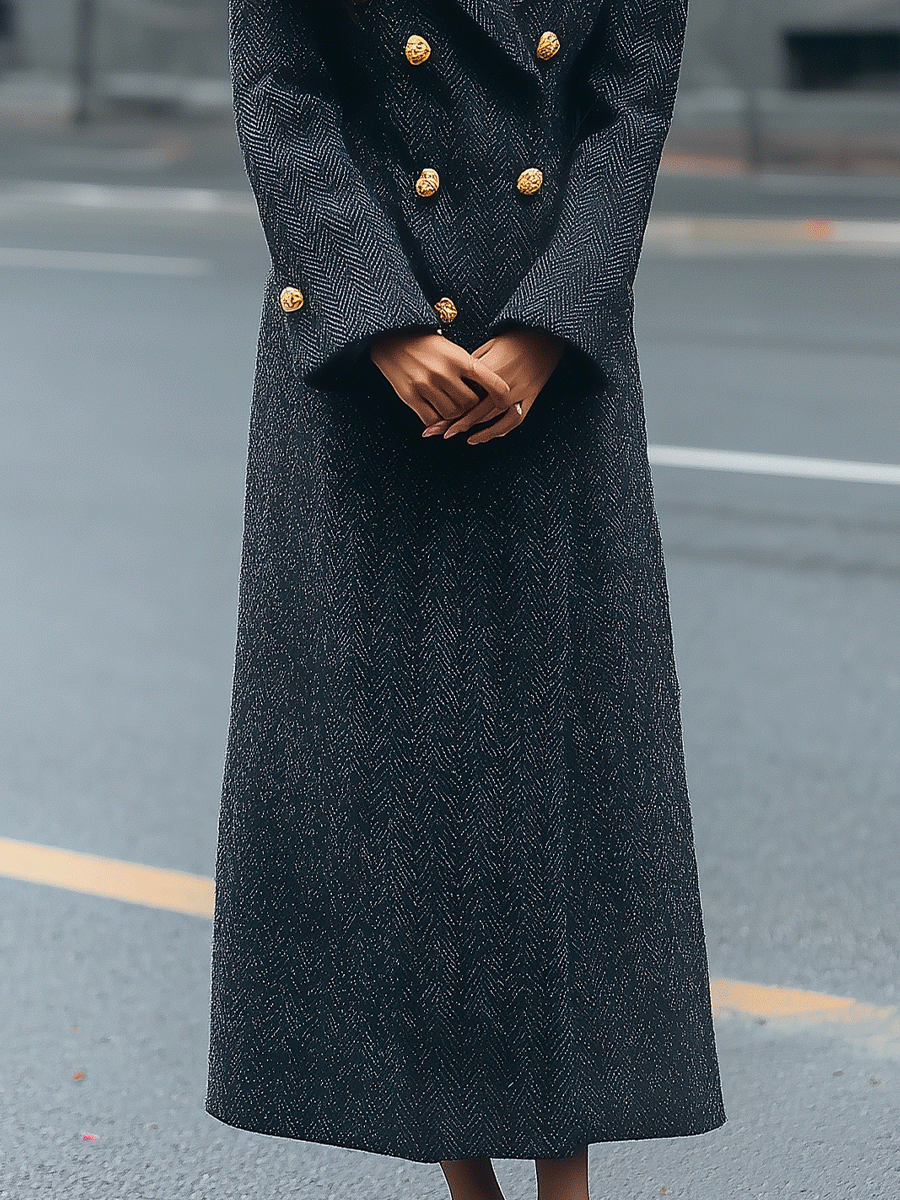Charcoal Herringbone Double-Breasted Tailored - Long Coat