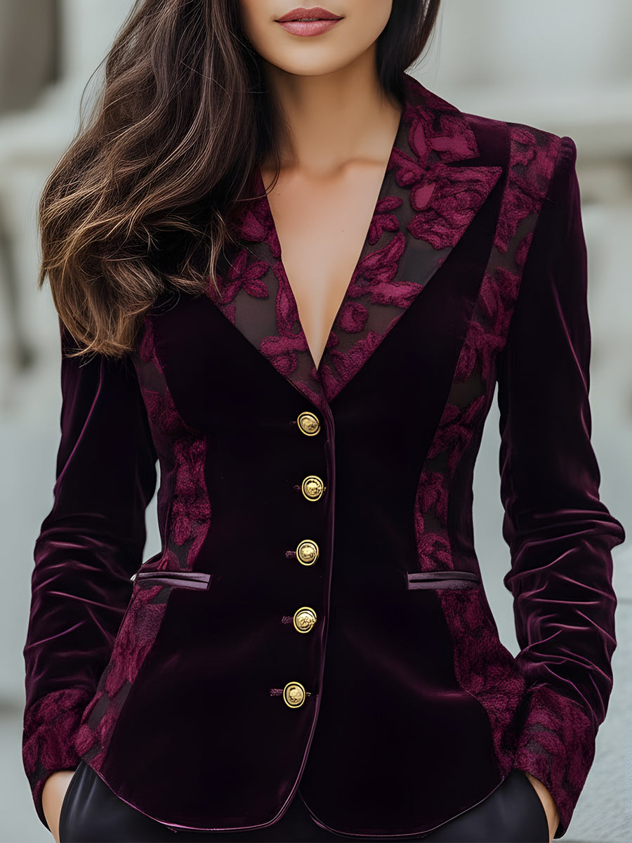 Floral Velvet with Sheer Jacquard Panels - Blazer