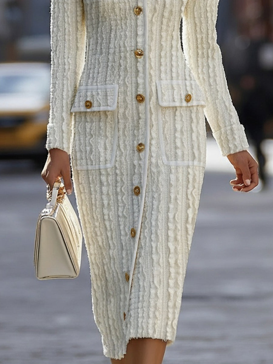 Ivory Textured Knit With Gold Buttons - Midi Dress