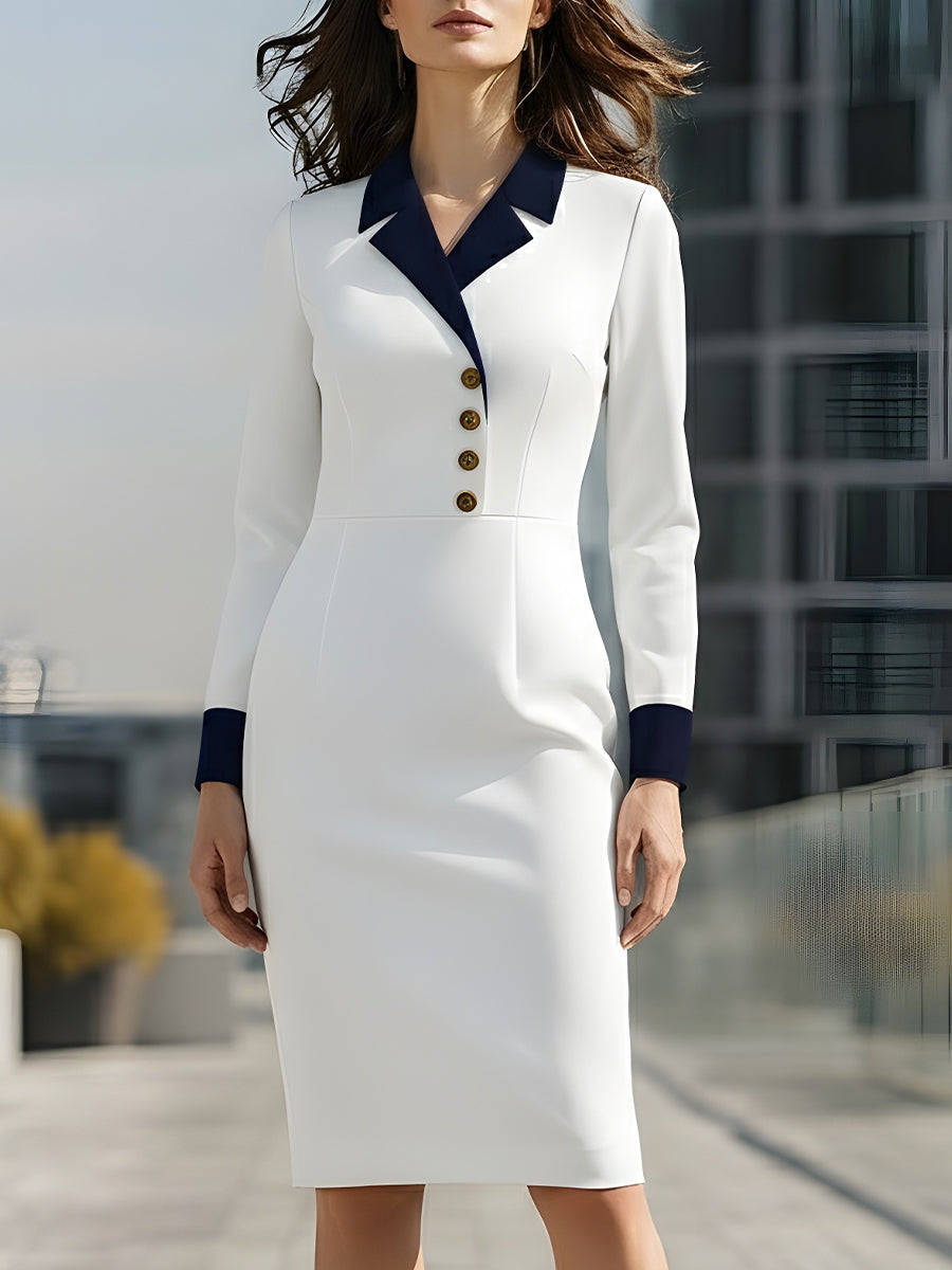 White Contrast Collar Gold-Button Detail - Midi Dress