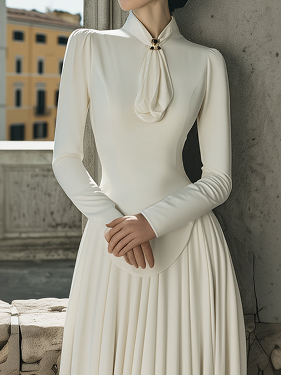 Elegant Scarf-Tie Collar Plain Maxi - Maxi Dress