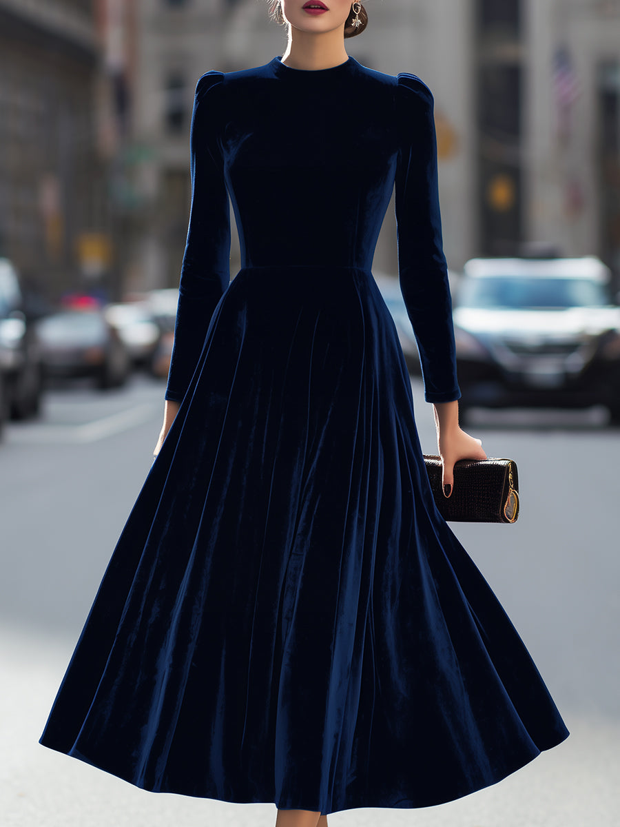 Navy Velvet Long-Sleeve Luxe - Midi Dress