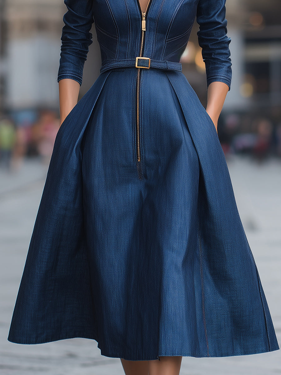 Elegant Belted Zippered Denim - Midi Dress