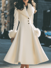 Ivory Flared Coat with Faux Fur Collar & Cuffs - Coat