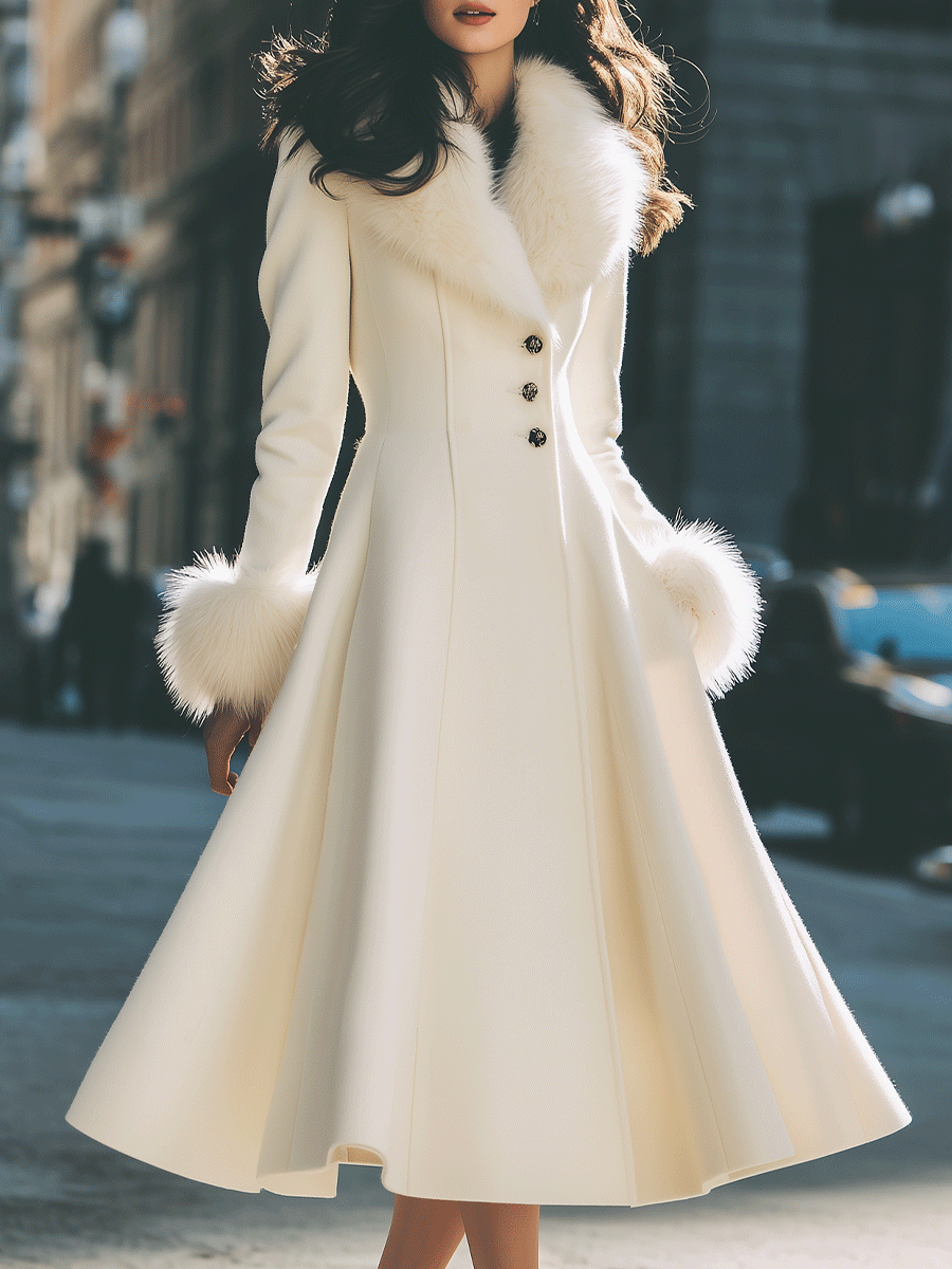Ivory Flared Coat with Faux Fur Collar & Cuffs - Coat