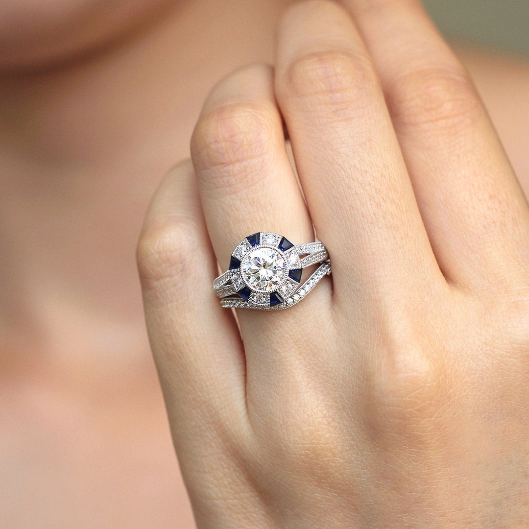 2PCS Art Deco Halo Split Shank Bridal Set in Sterling Silver Shineofdiamond