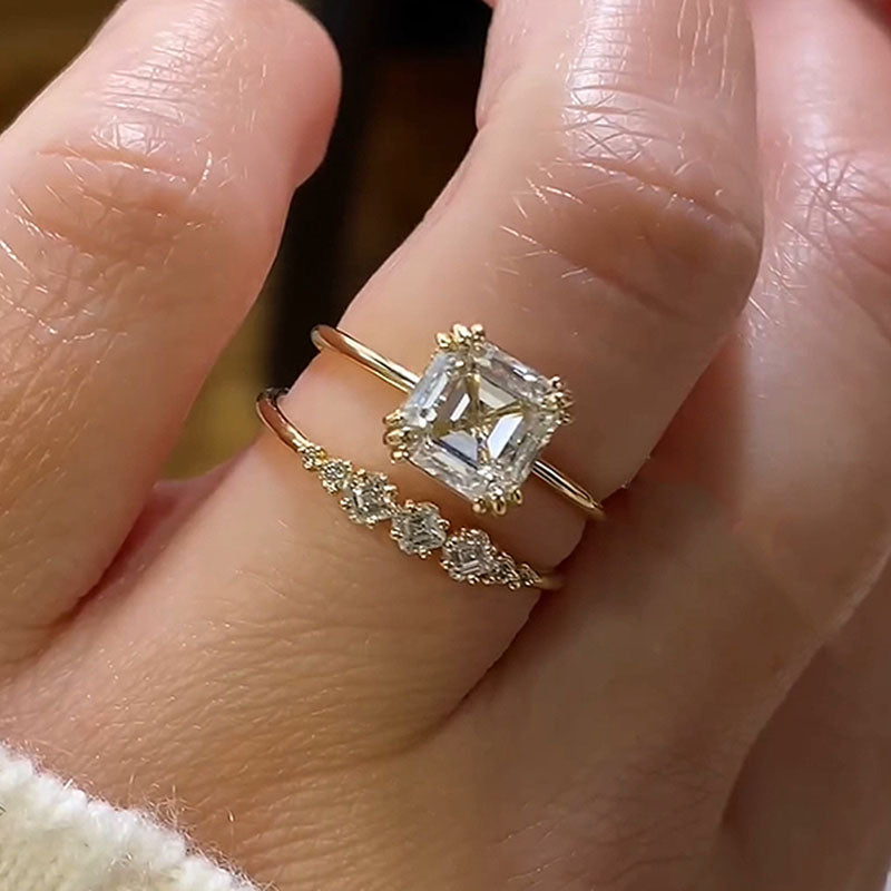 2pcs Golden Tone Asscher Cut Bridal Set Shineofdiamond