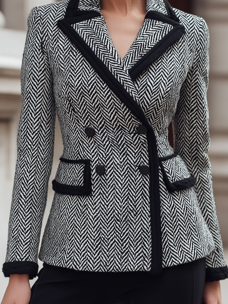 Herringbone Wool-Blend Contrast Trim - Blazer