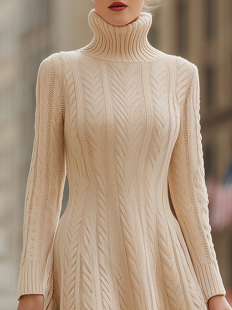 Cozy Chunky Cable-Knit Turtleneck Long Sleeve - Sweater Dress