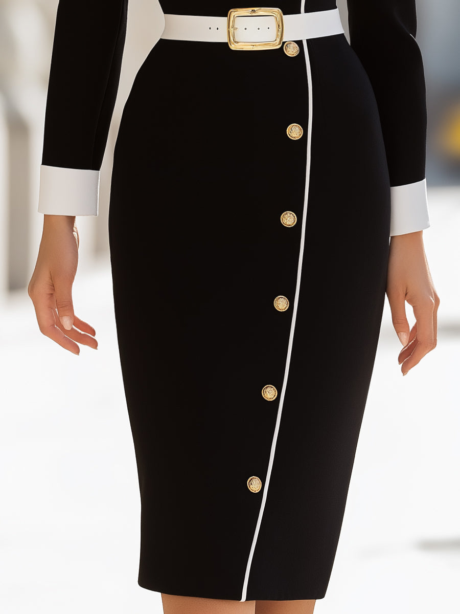 Asymmetrical Button-Front with Contrast Trim - Midi Dress