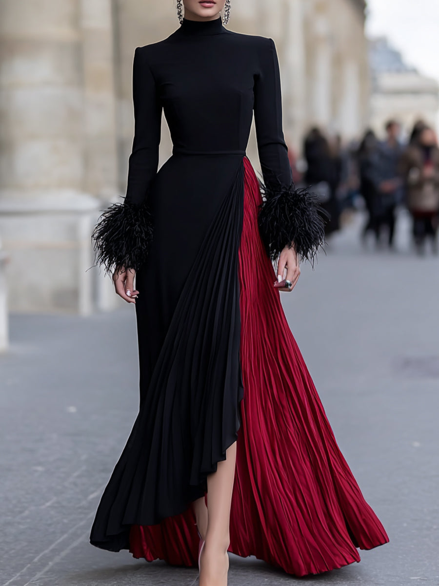 Black and Red Pleated Feather-Cuff Gown - Maxi Dress