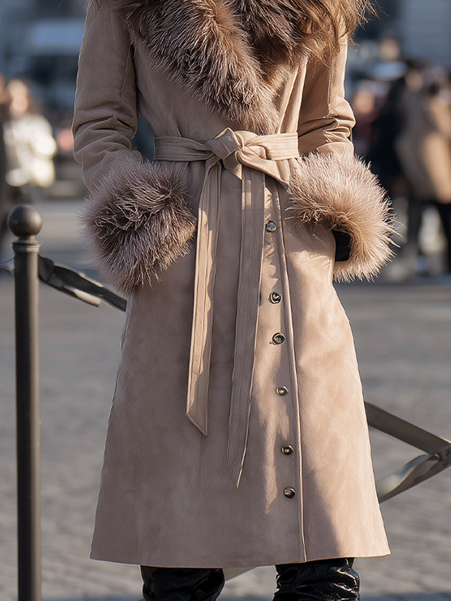 Taupe Belted with Faux-Fur Trim Collar & Cuffs - Coat