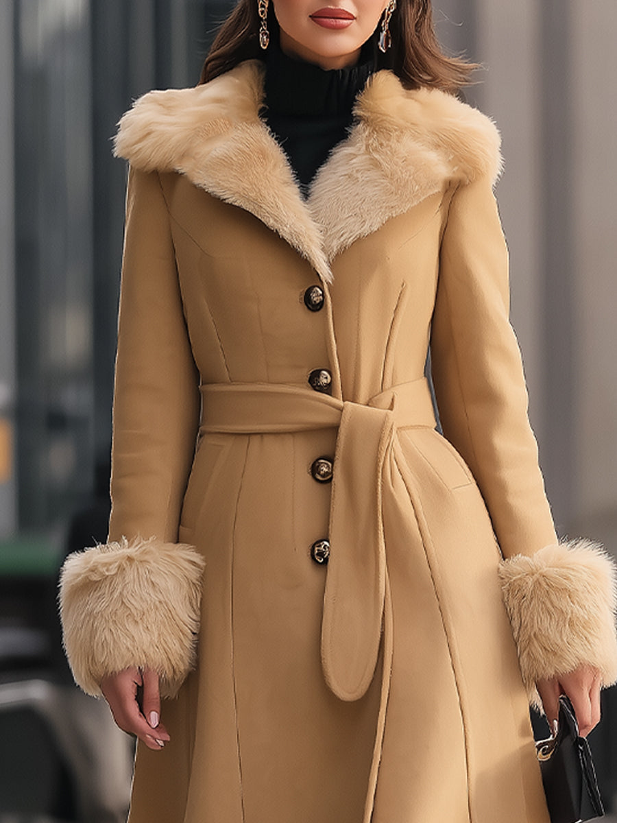 Chic Camel Colored Faux Fur Trim - Trench Coat