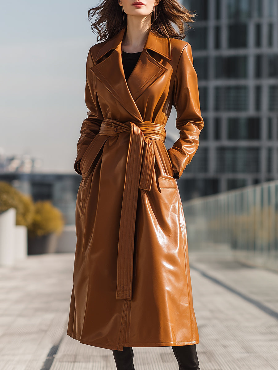 Cognac Faux Leather Belted Longline - Trench Coat