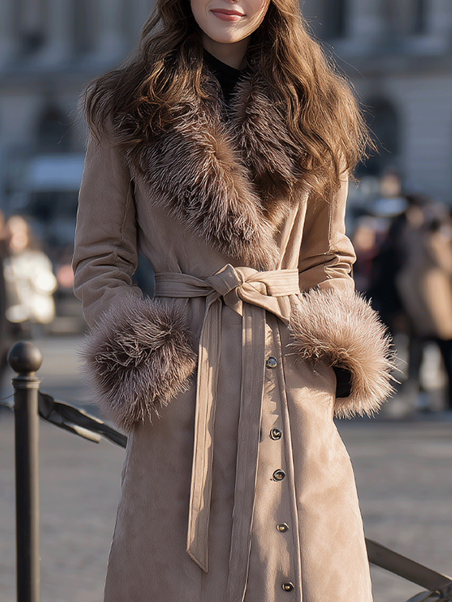 Taupe Belted with Faux-Fur Trim Collar & Cuffs - Coat