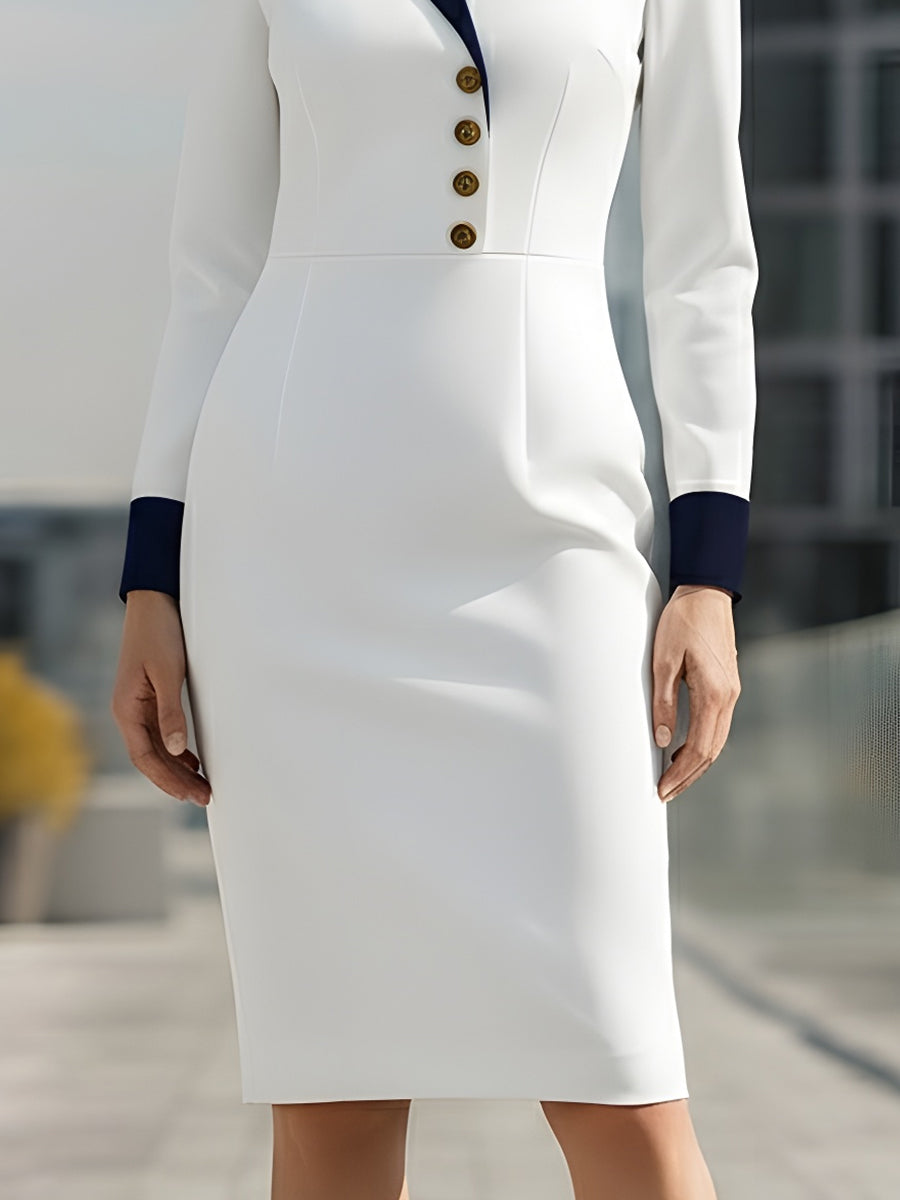 White Contrast Collar Gold-Button Detail - Midi Dress