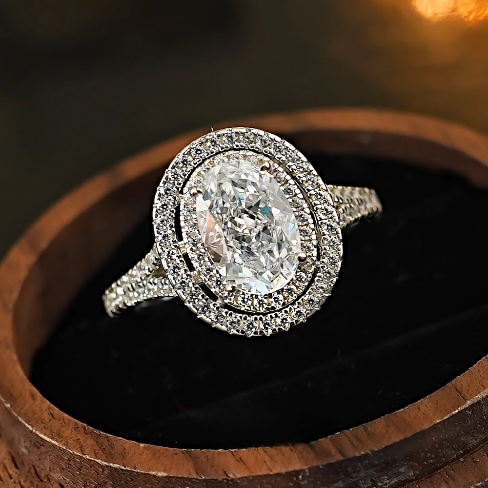 Classic Oval Double Halo Engagement Ring in Sterling Silver Shine of Diamond