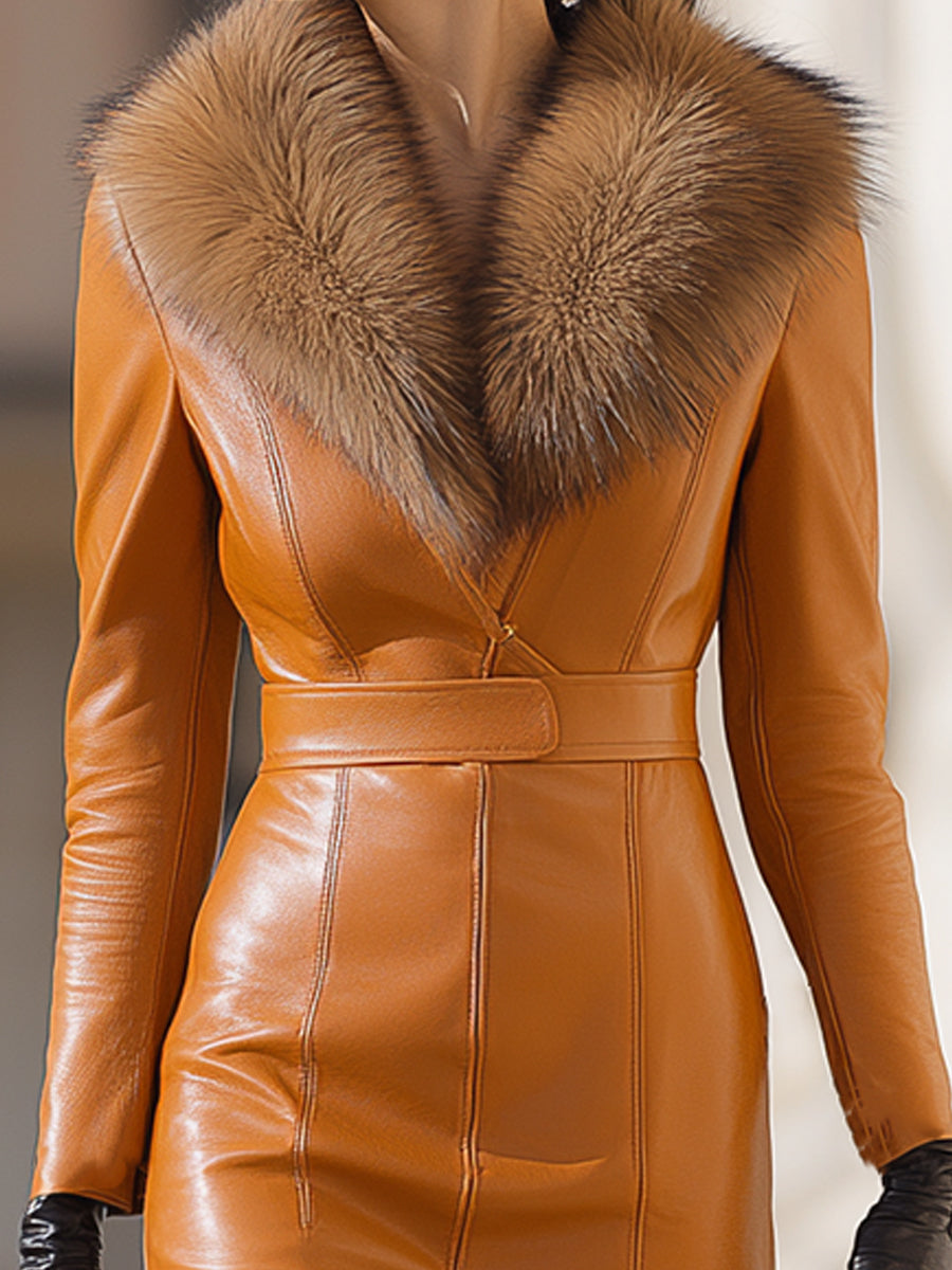 Caramel Faux Leather With Plush Fur Collar - Maxi Dress