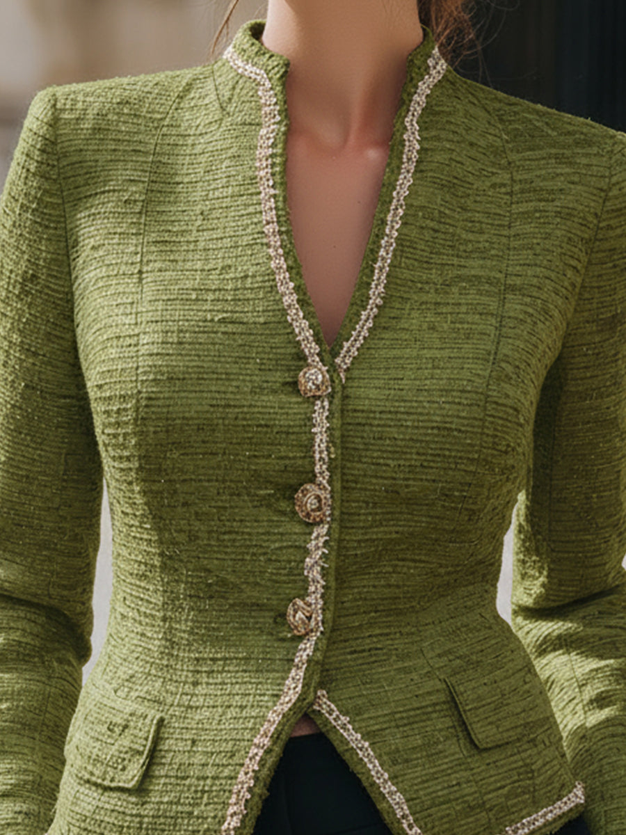 Elegant Green Tweed Pearl-Trim Jacket - Jacket