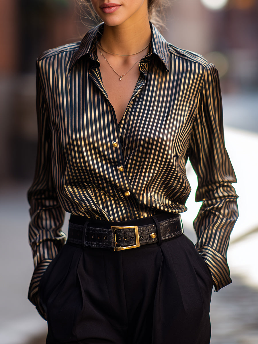 Women's Metallic-Stripe Satin - Blouse