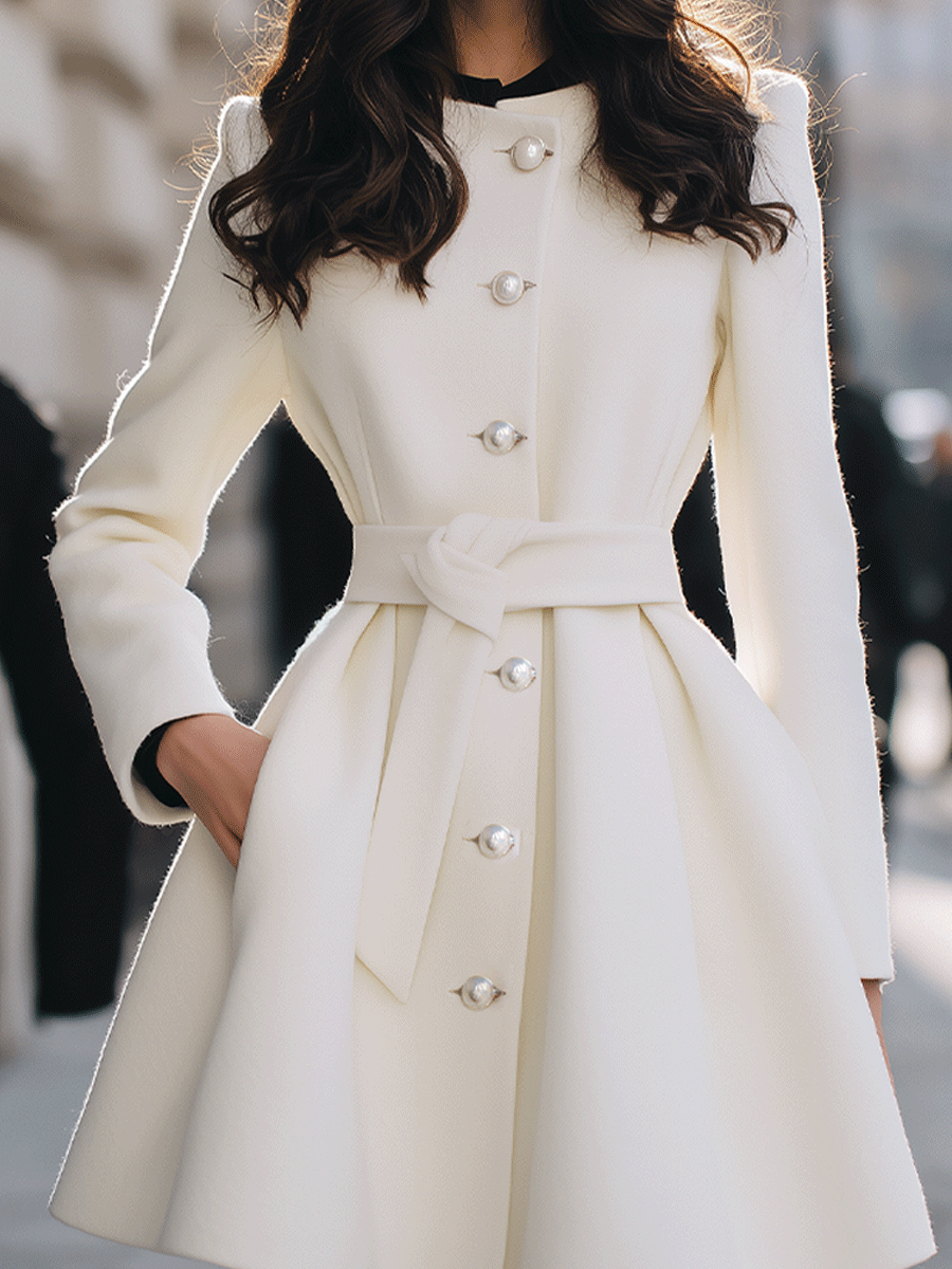Ivory Pearl-Button Short Coat With Waist Tie - Coat