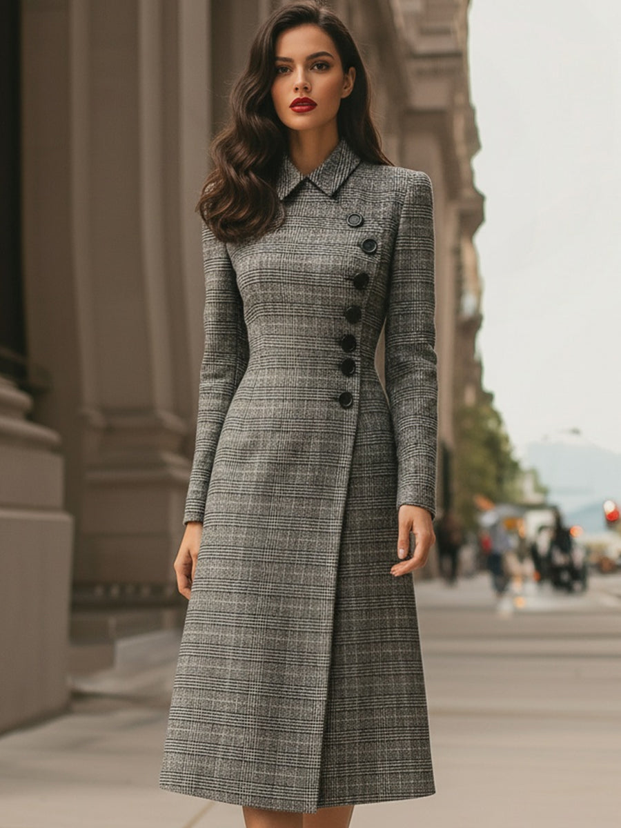 Elegant Plaid Asymmetric Button-Front - Midi Dress