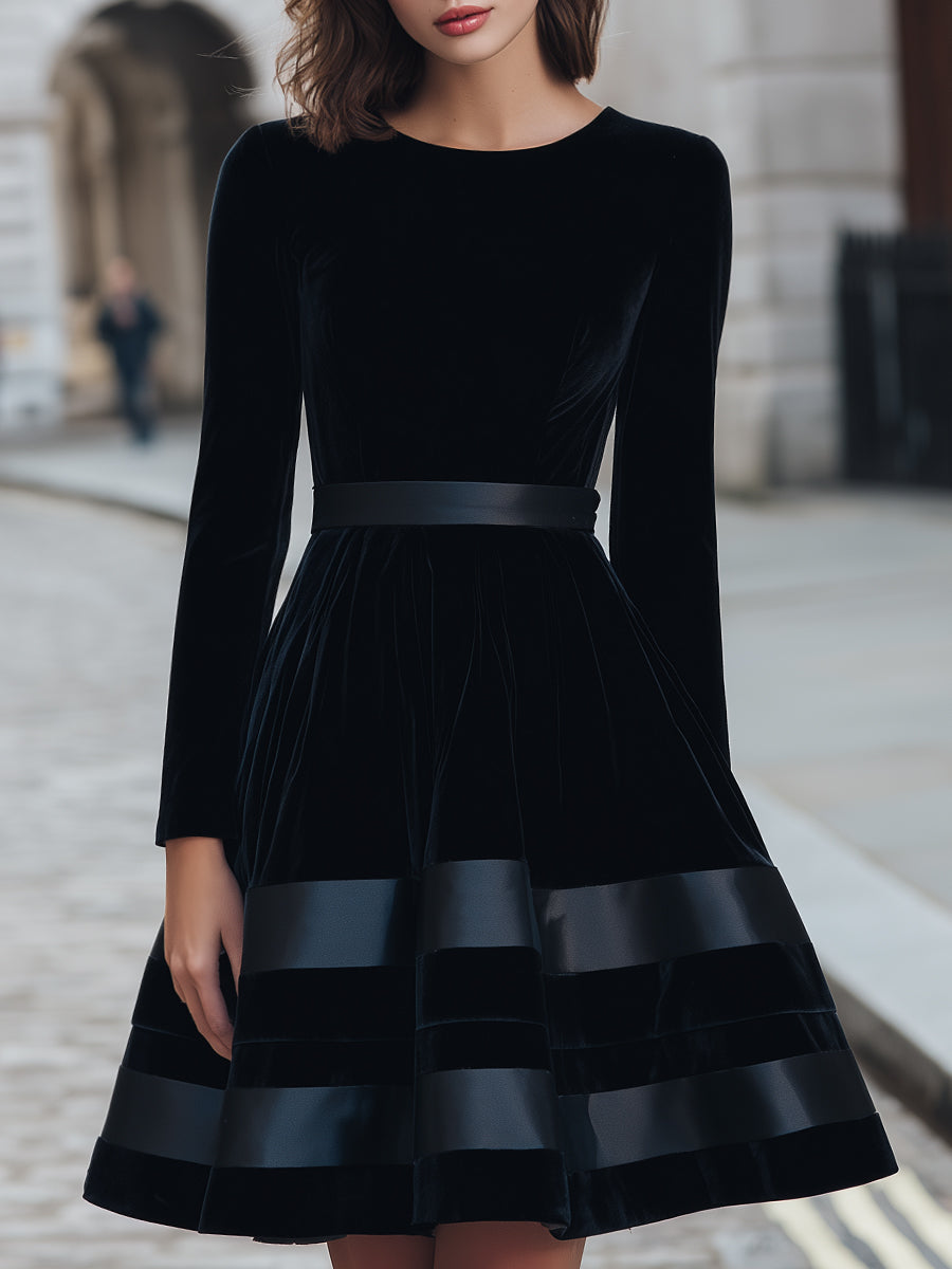 Black Velvet Satin-Striped Fit-and-Flare - Mini Dress