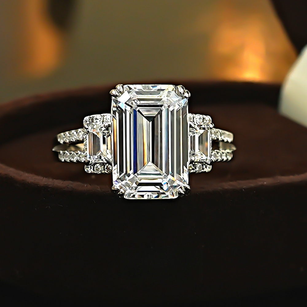 Emerald-Cut Three-Stone Engagement Ring in 925 Sterling Silver Shine of Diamond