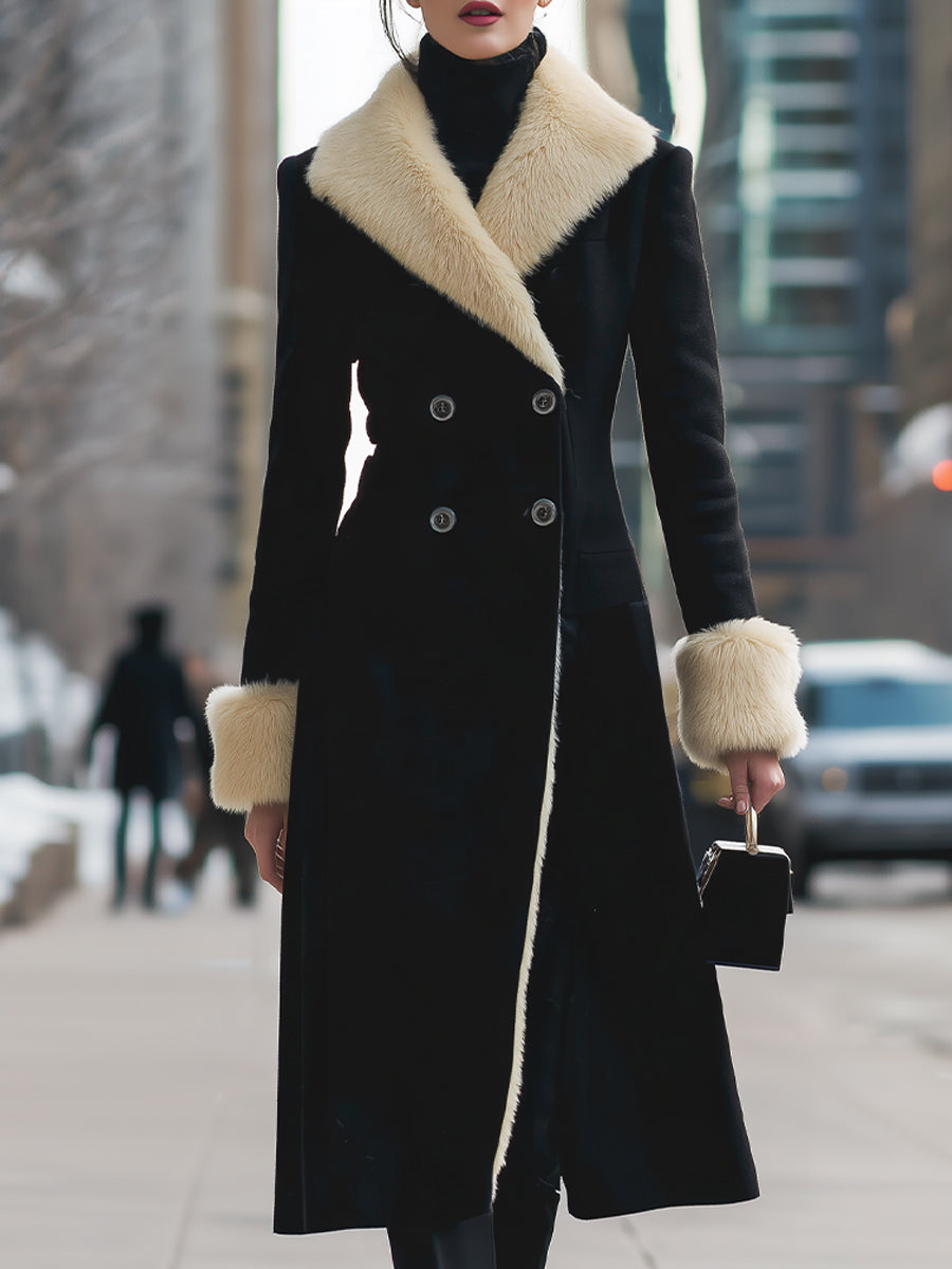 Luxurious Black Coat With Cream Faux Fur Trim - Winter Coat