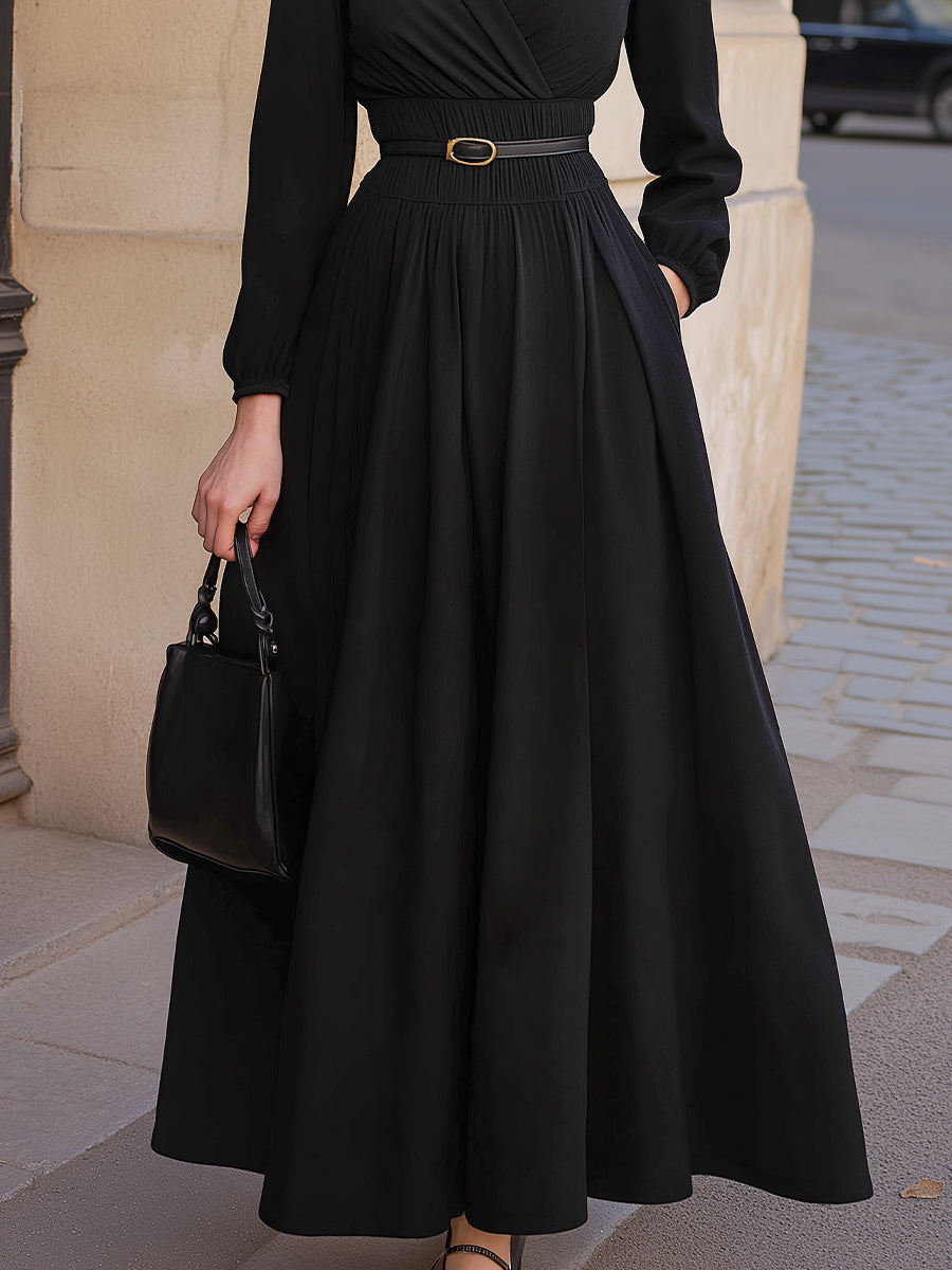 Long-Sleeve A-Line Belted Waist Flowy Maxi - Maxi Dress