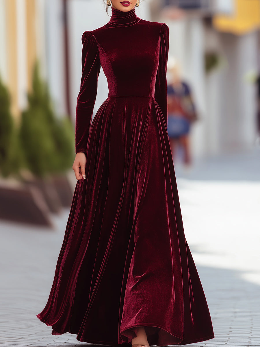 Elegant Burgundy Velvet Long-Sleeve Evening - Maxi Dress