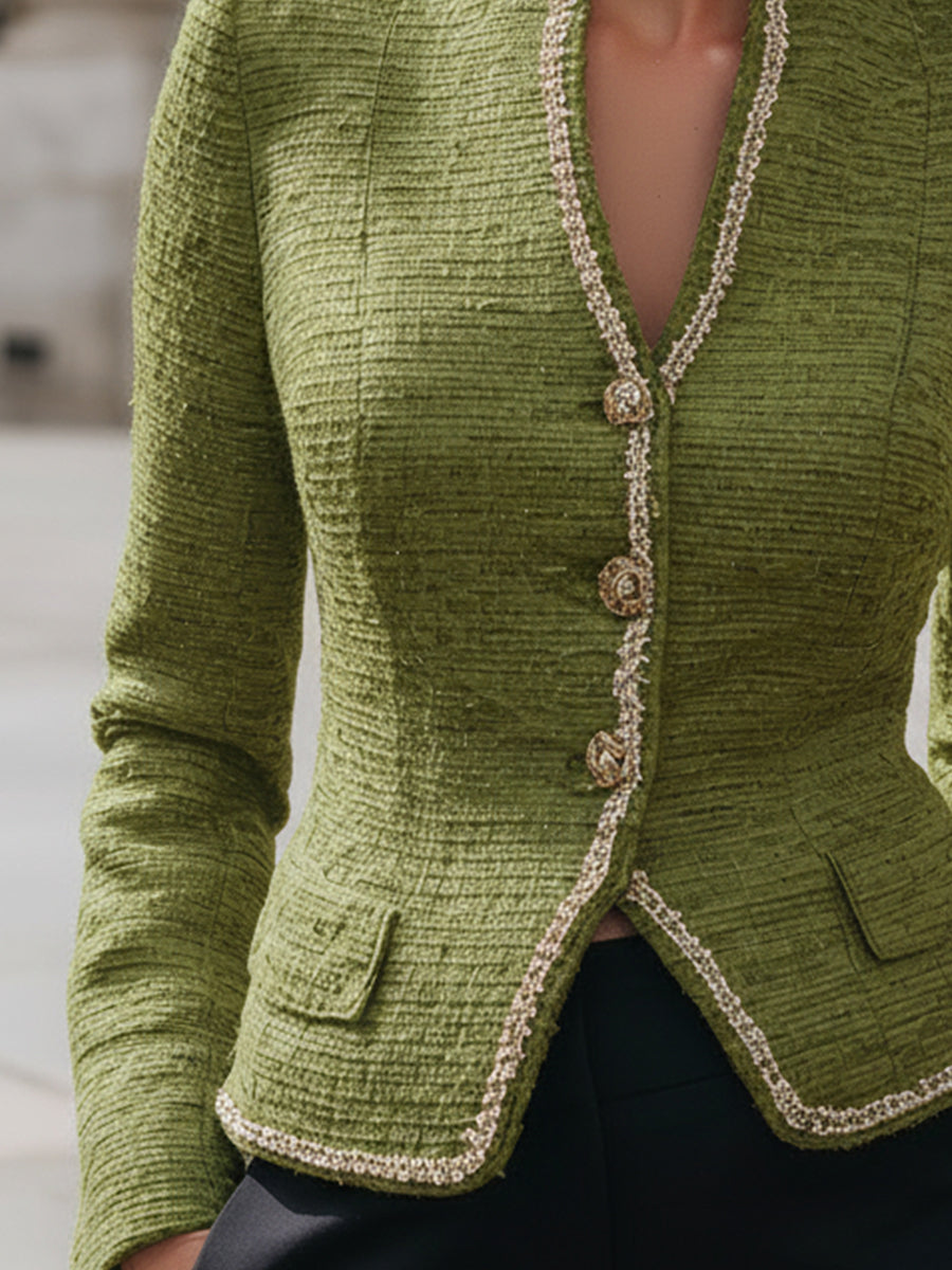 Elegant Green Tweed Pearl-Trim Jacket - Jacket