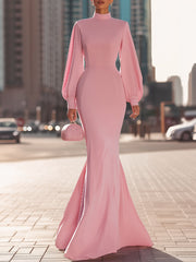 Blush Pink High‑Neck Mermaid Silhouette With Balloon Sleeves - Maxi Dress