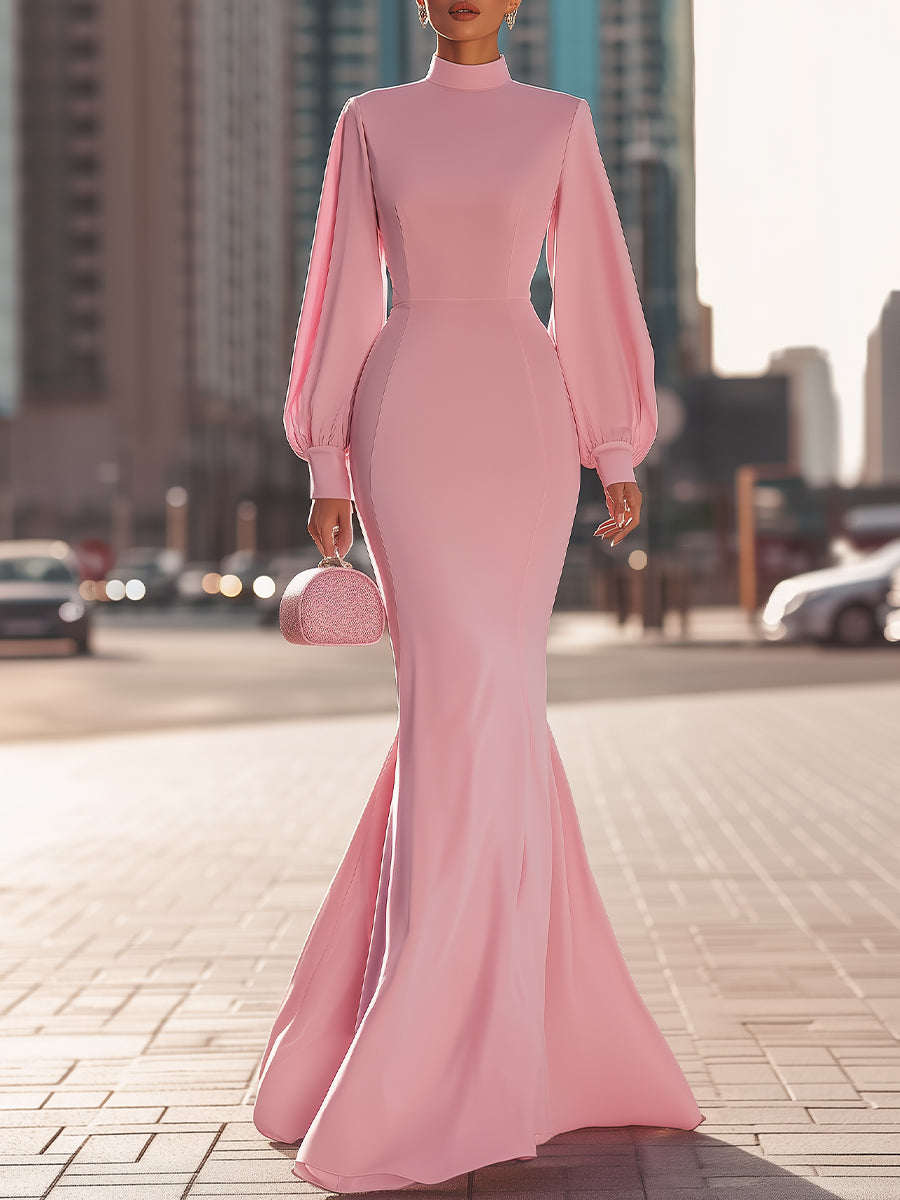 Blush Pink High‑Neck Mermaid Silhouette With Balloon Sleeves - Maxi Dress